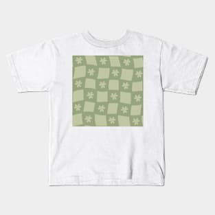 Large Floral Checker Board - Pale Sage Green Kids T-Shirt